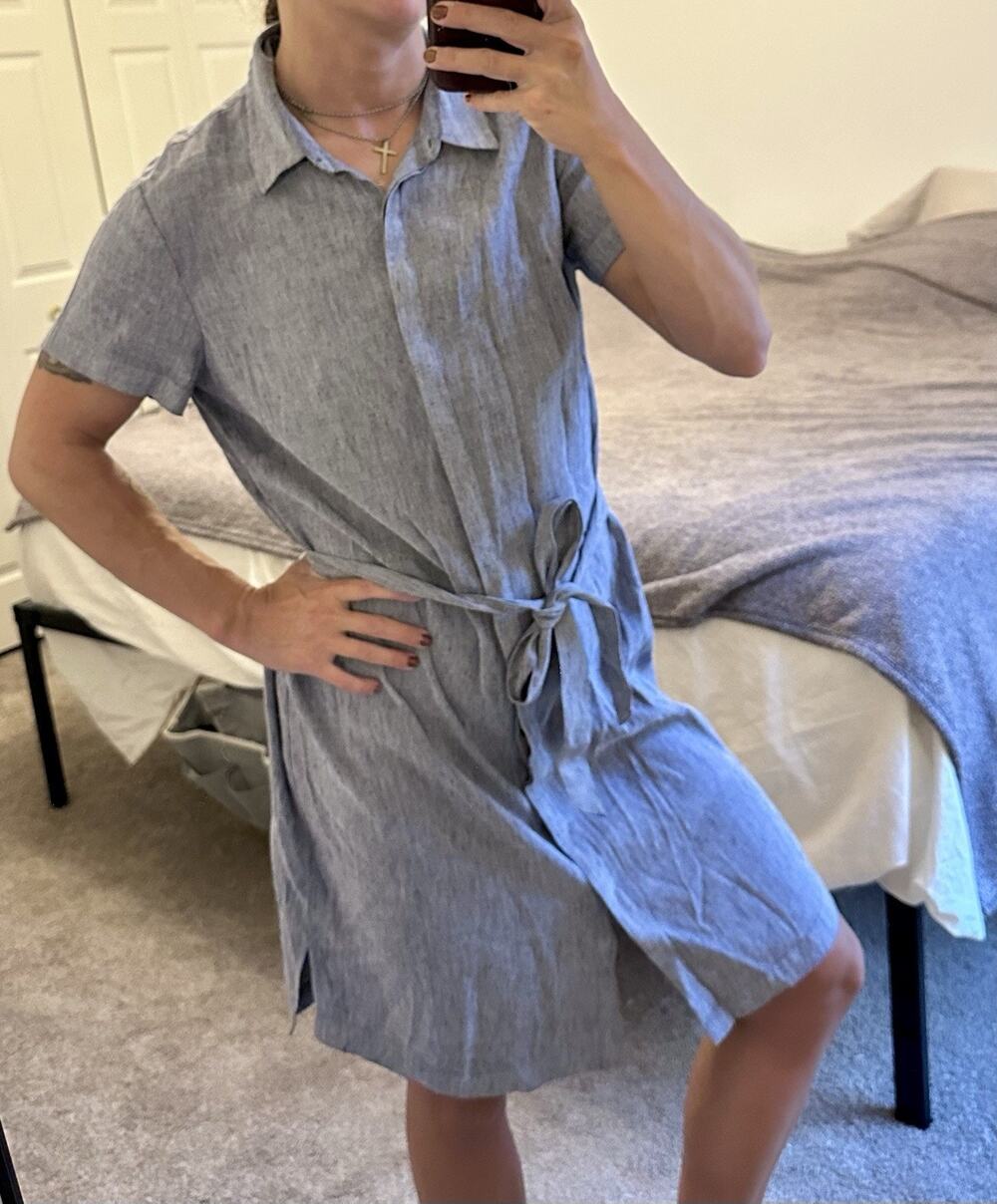 Pendleton Linen Blend Midi Shirt Dress Womens 10 Blue Tie Waist Short Slv Modest